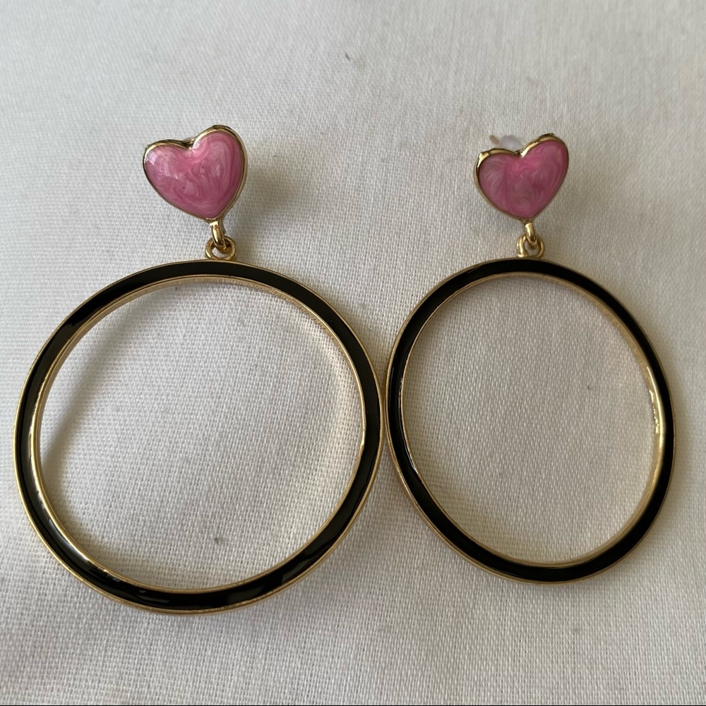 Fashion Earrings Enamel Hearts Circles Black Pink Gold NWOT